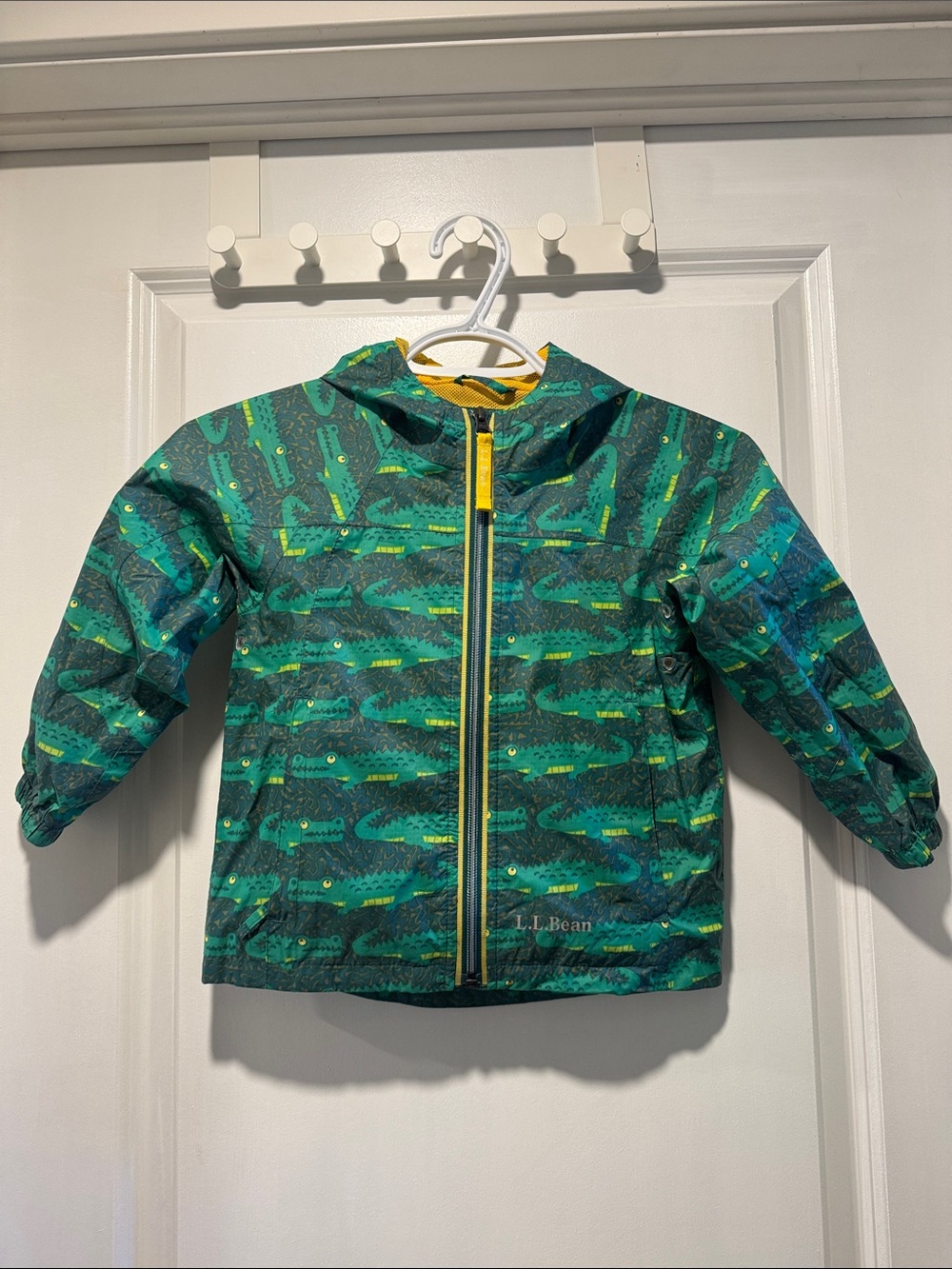 L.L. Bean Kids' Green Alligator Print Rain Coat with Yellow Zip